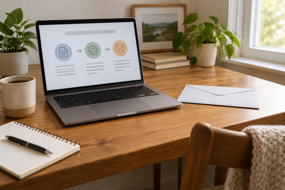 Digital instructions open on a laptop beside a plain envelope.