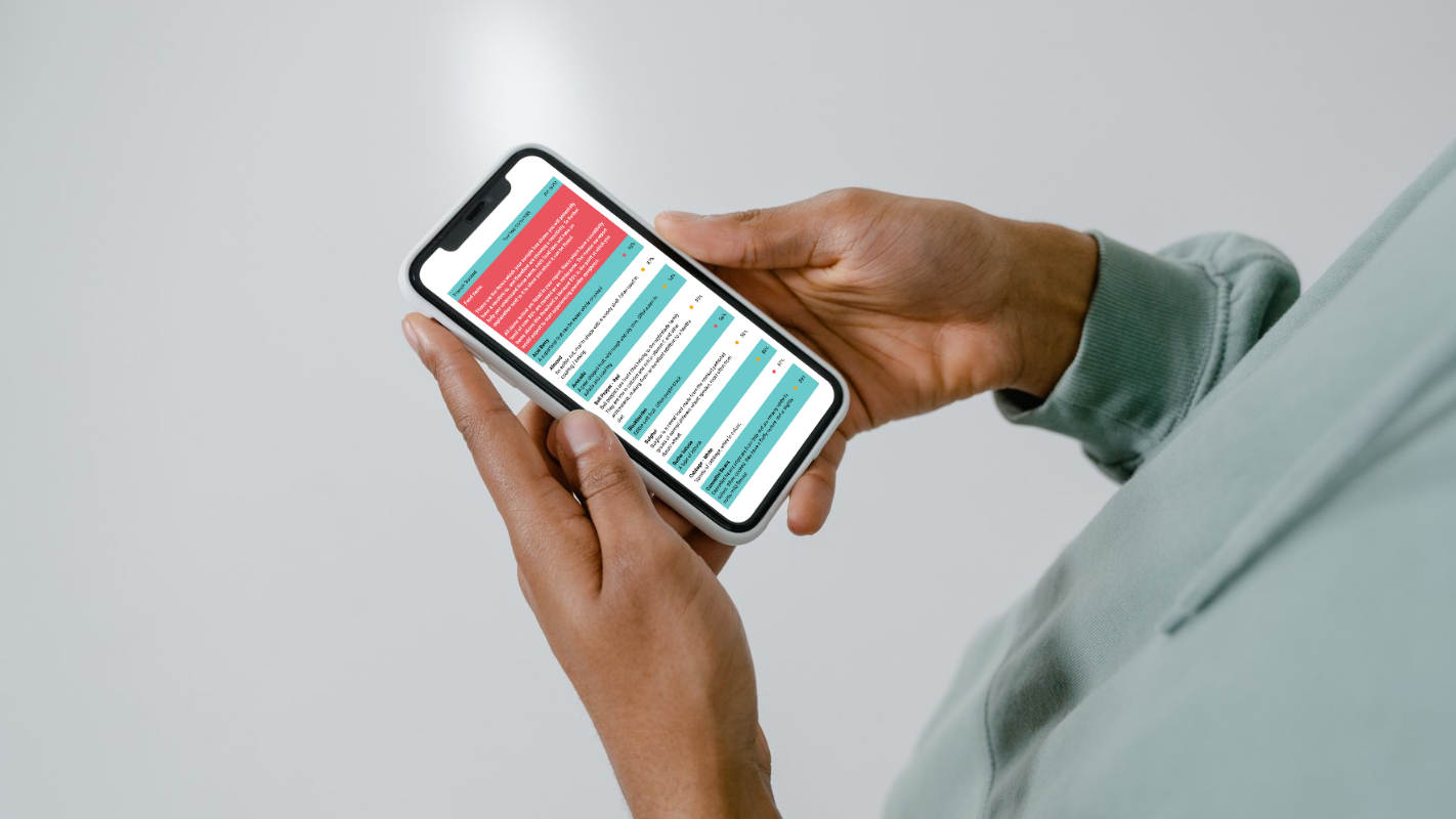 A person holding a smartphone with a black case, showing a sensitivity test report on the screen.