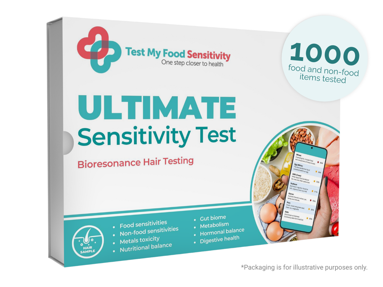 Box for 'Test My Food Sensitivity' Ultimate Sensitivity Test with branding and product details.